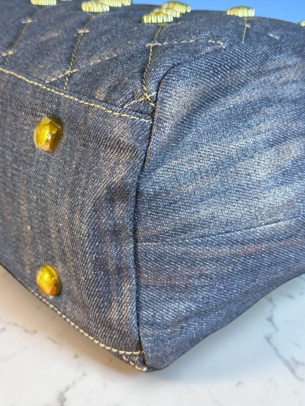 Sharif 1827 Legacy Rare Quilted Denim Rhinestone Satchel Crossbody Bag - Picture 10 of 14